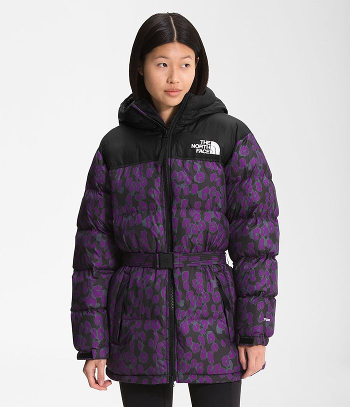 The North Face Womens Puffer Jacket Printed Nuptse Belted Mid 518ZBUINS - Purple/Leopard